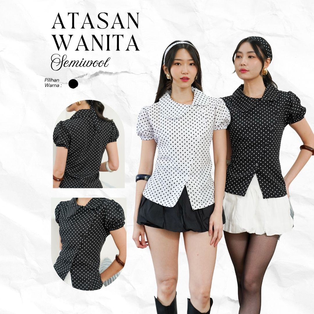 Atasan Wanita Polkadot Lengan Pendek Puff Sleeve Korean Style Blouse Wanita