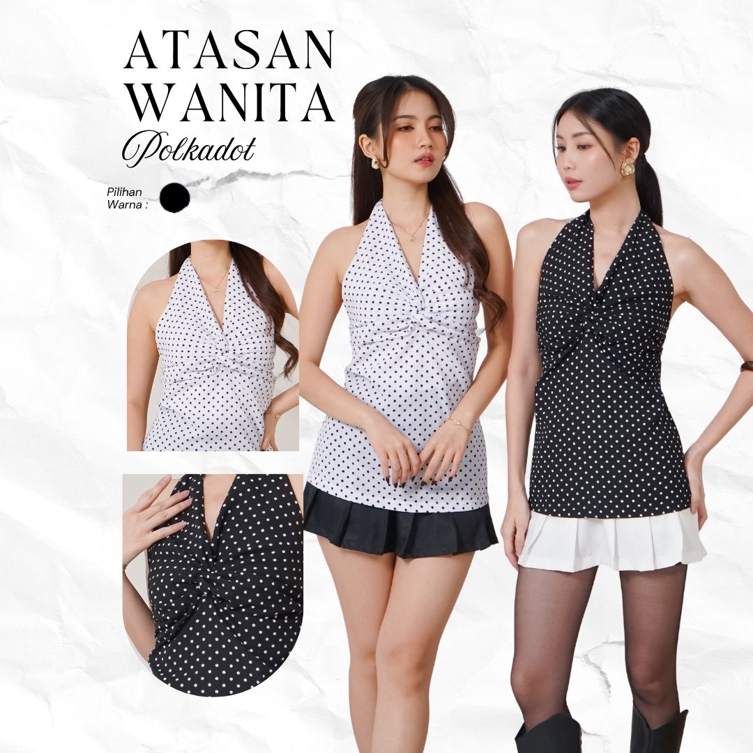 Atasan Wanita Halter Polkadot Korean Style Top Wanita Polka Dot