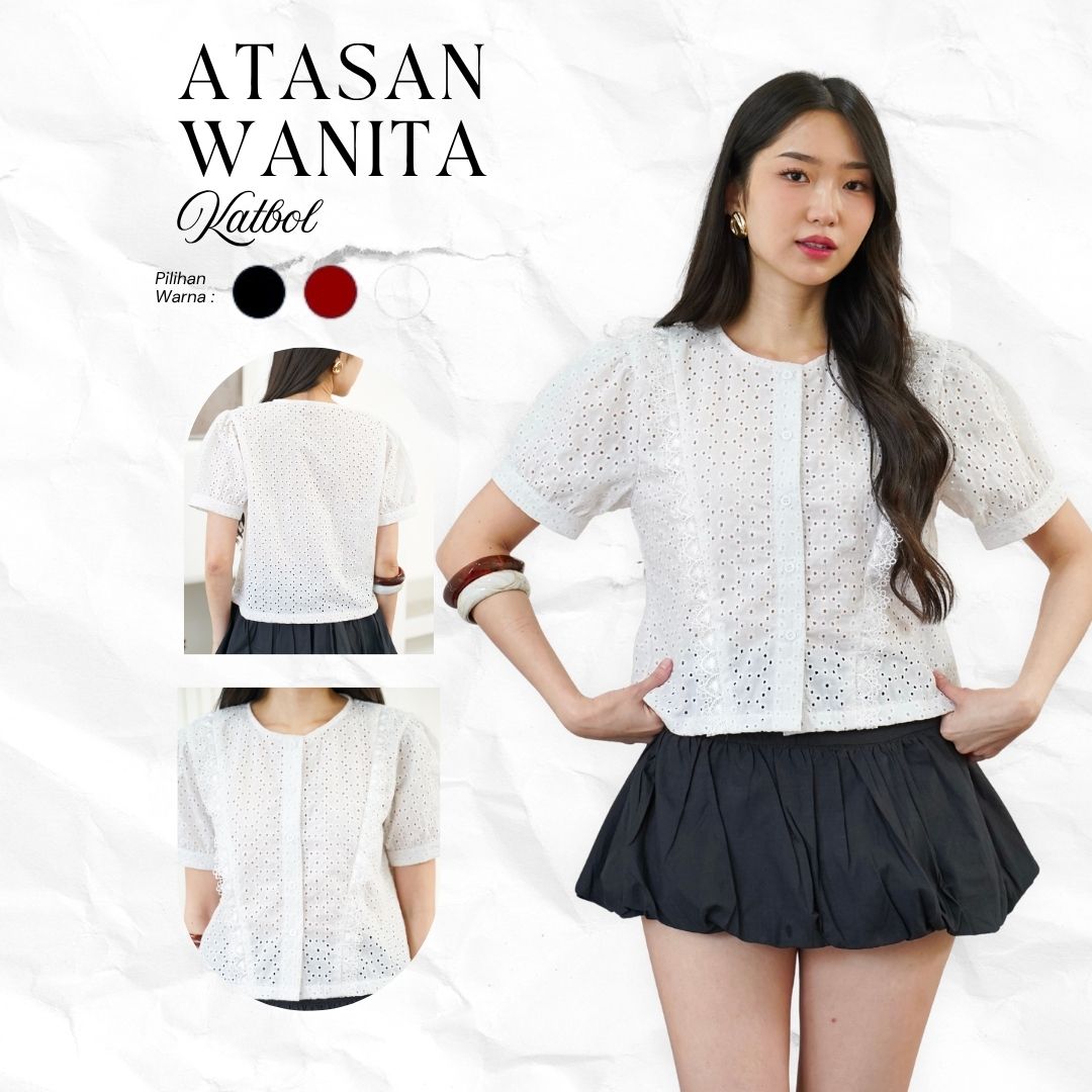 Atasan Wanita Katun Bolong Lengan Puff Blouse Wanita Elegant Korean Style