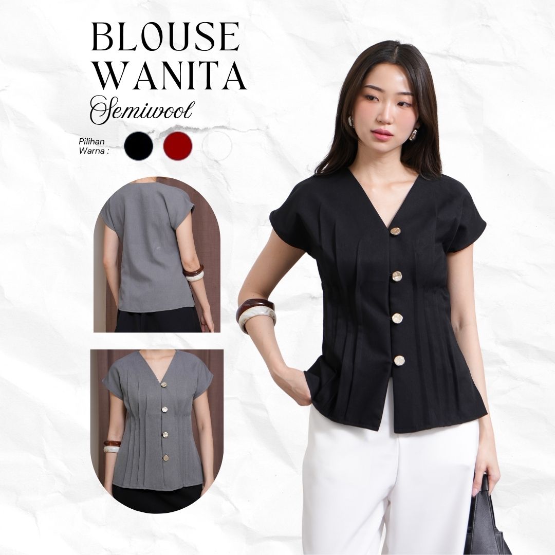  Blouse Wanita Semi Wool Polos Kancing Depan Atasan Wanita Formal Kerja Kantor Elegant Top Cewek