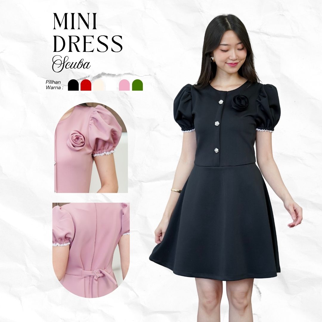 Mini Dress Wanita Puff Sleeve Korean Style Dress Wanita Elegant Casual Outfit