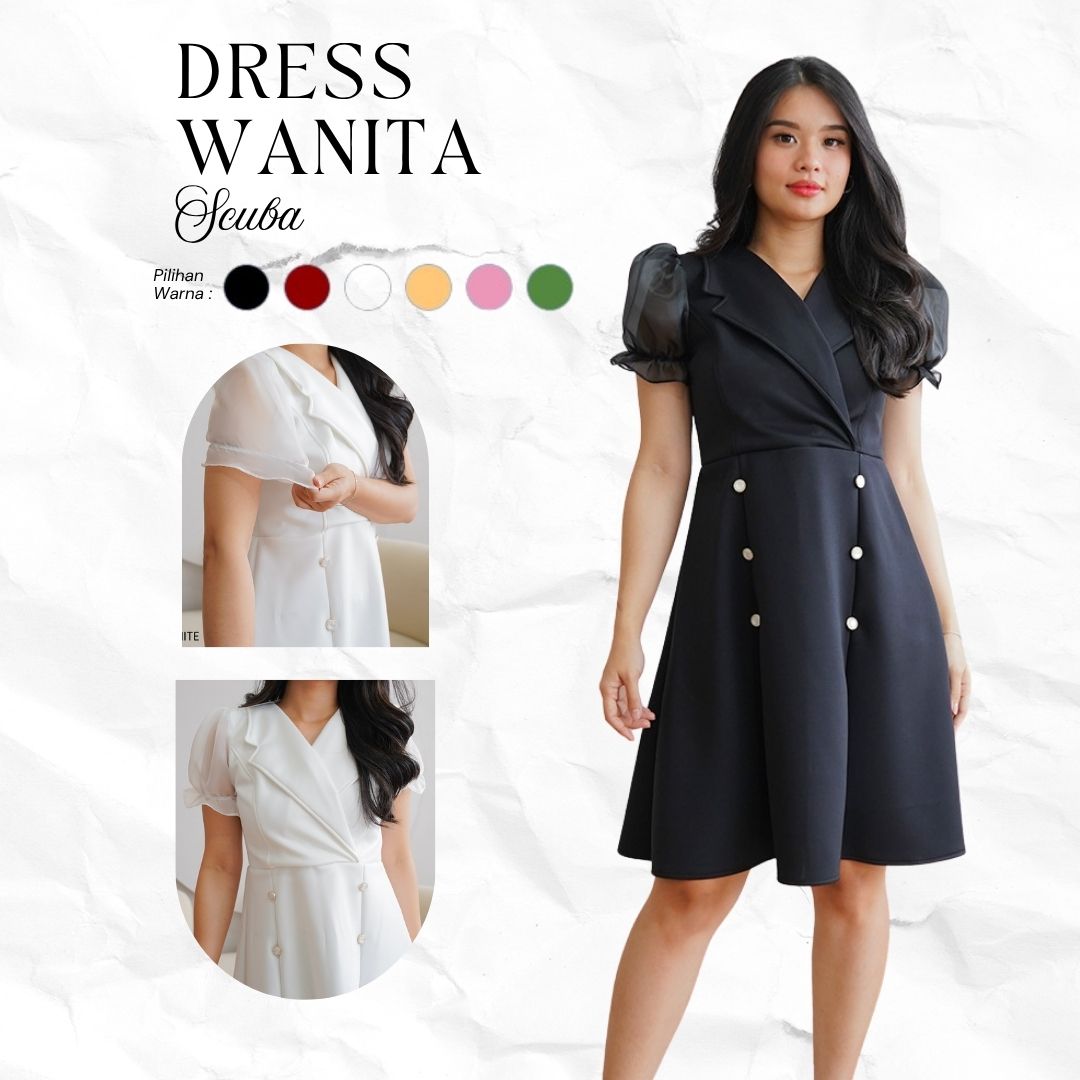 Dress Wanita Elegant Scuba Midi Dress Lengan Puff Dress Wanita Formal