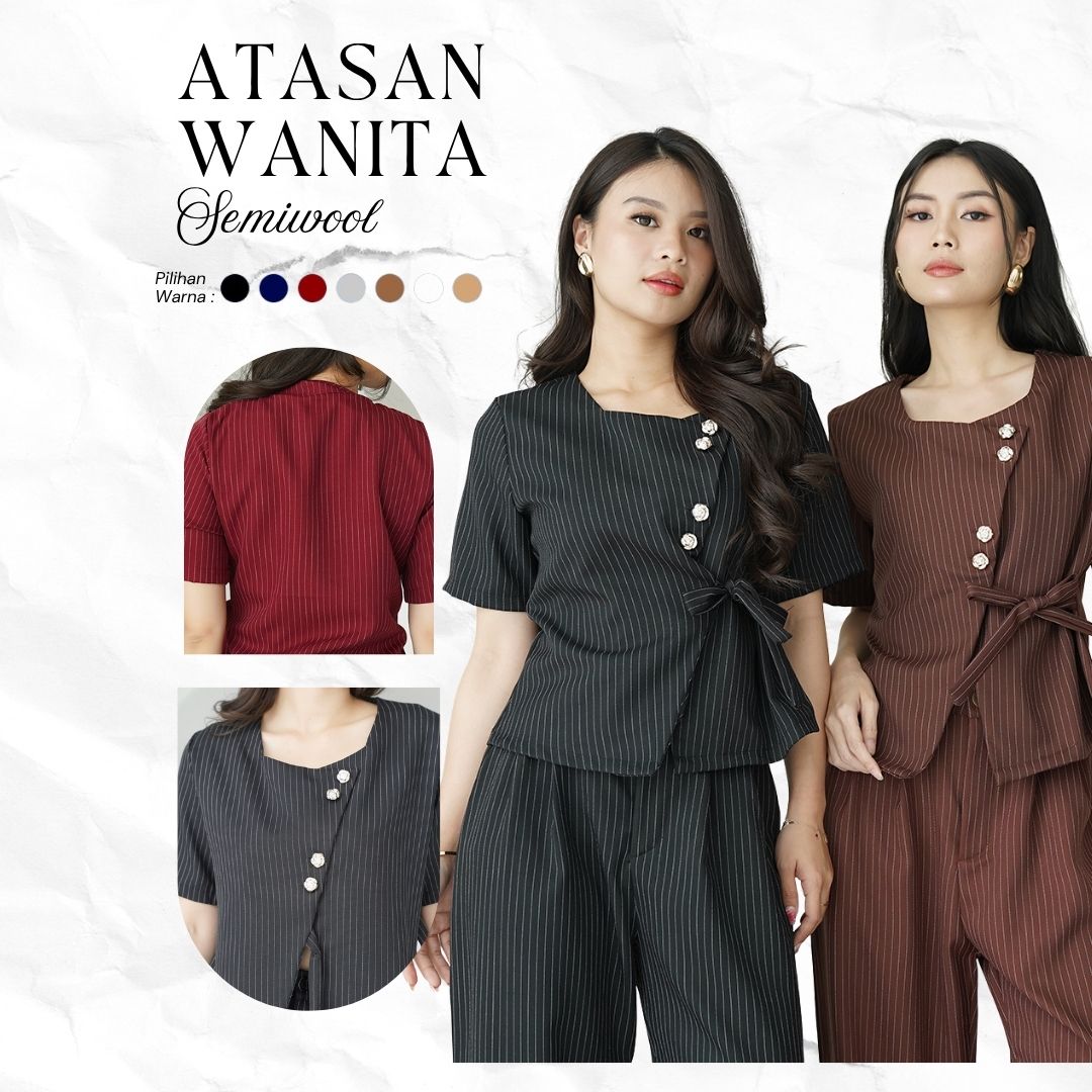 Atasan Wanita Stripe Semi Wool Blouse Wanita Elegant Korean Style