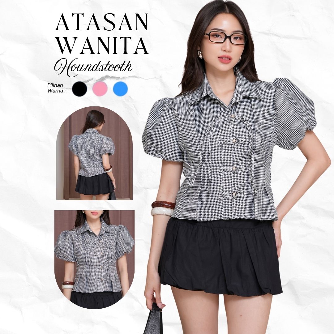 Atasan Wanita Tweed Kotak Lengan Balon Blouse Wanita Elegant